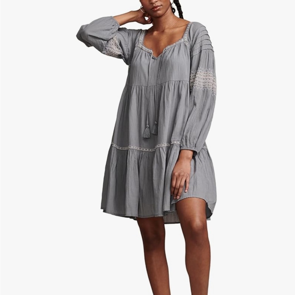 NWOT Lucky Brand Long-sleeves Tiered Mini Dress, L, Blue - Picture 2 of 7